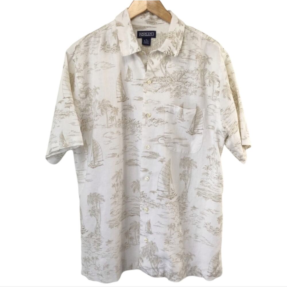 Land’s End Hawaiian 100% Linen Button Up Short Sleeve Shirt Medium - Picture 7 of 8